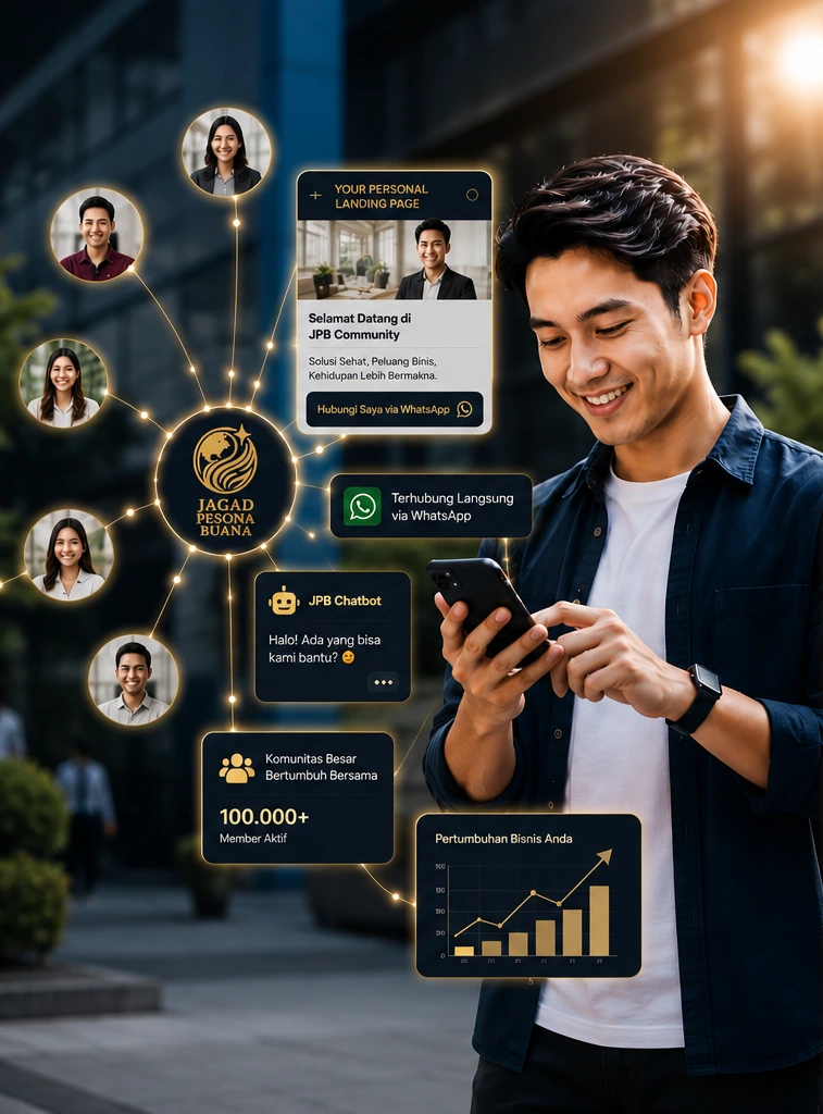 Member Jagad Pesona Buana menggunakan ponsel, terhubung dengan komunitas melalui landing page personal, WhatsApp, dan chatbot