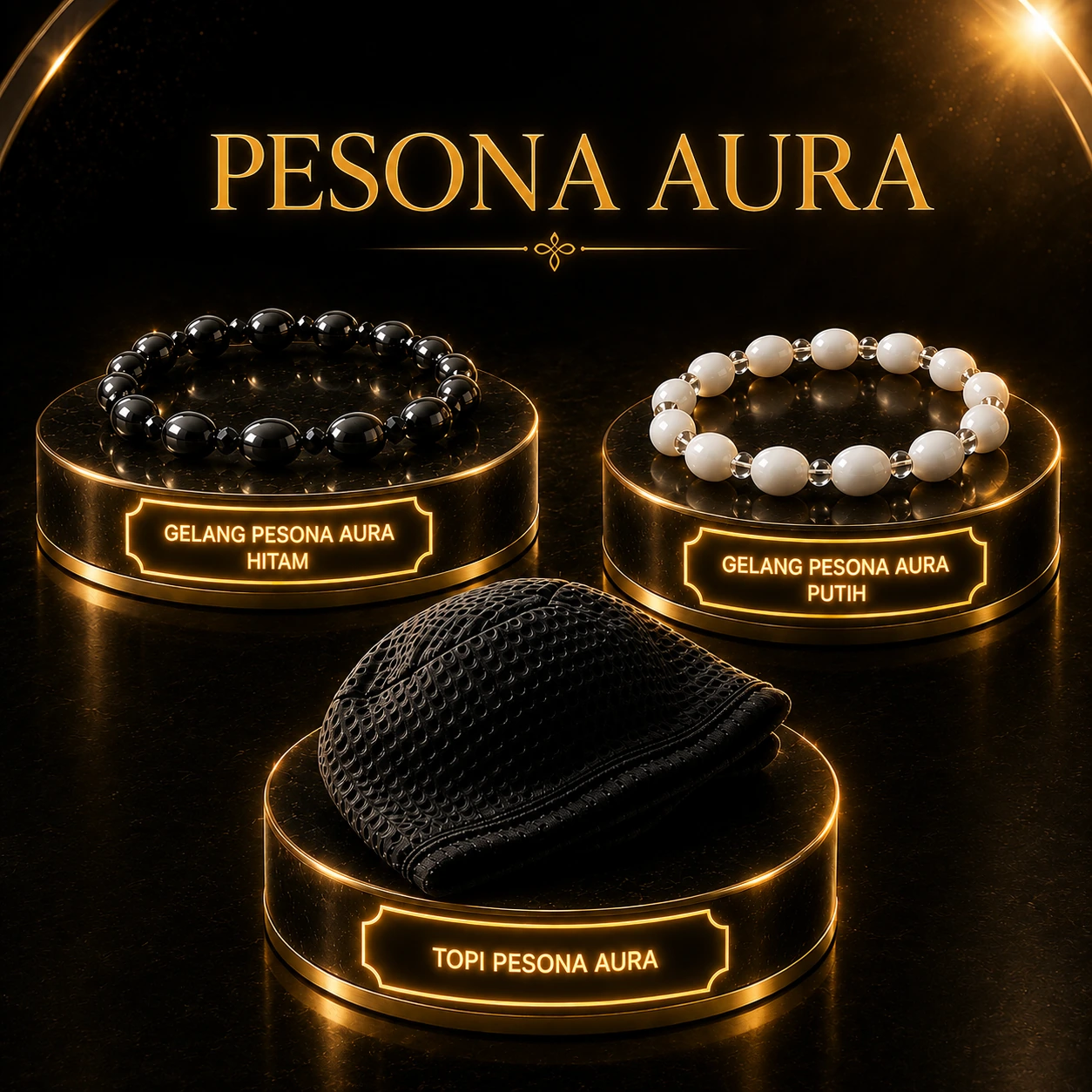 Pesona Aura — gelang hitam, gelang putih, dan topi bio-energi